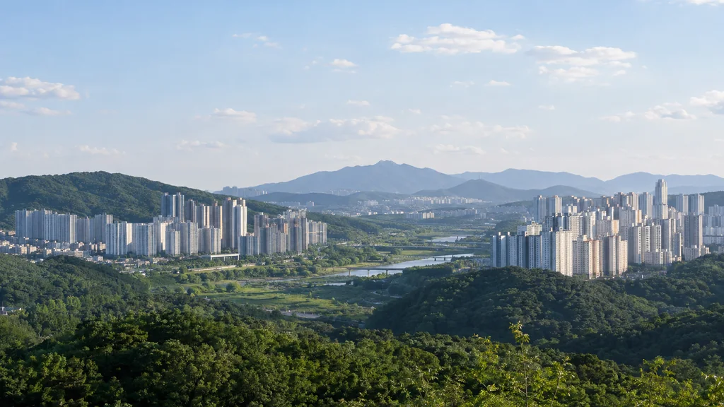 산과 숲 사이 하천 양쪽으로 늘어선 아파트