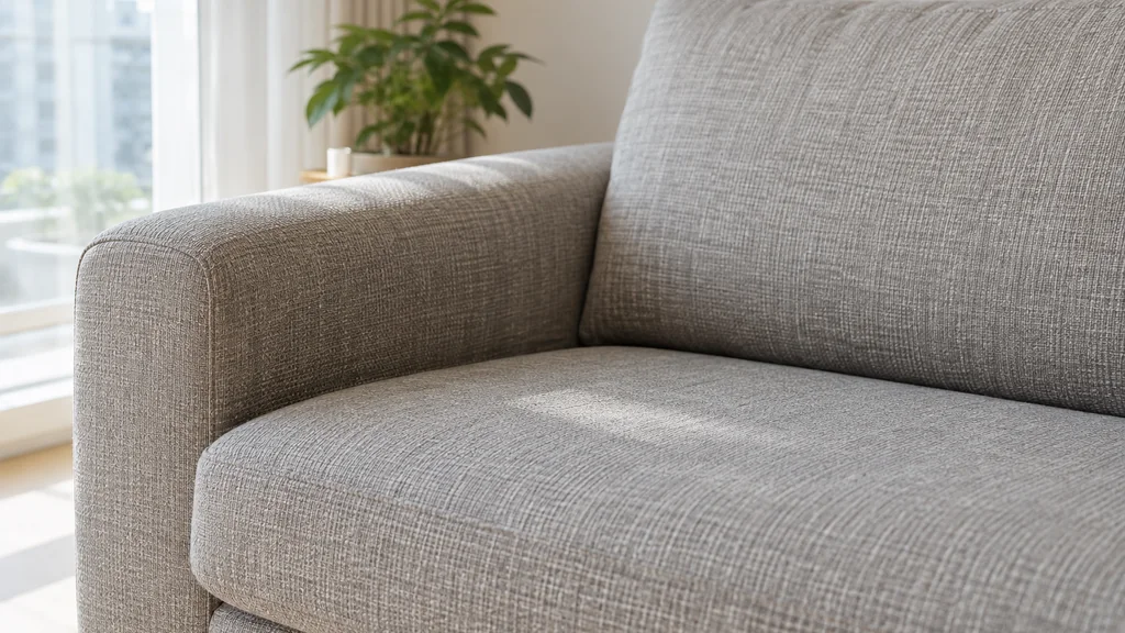 회색 소파의 천 질감과 팔걸이, 좌석 부분